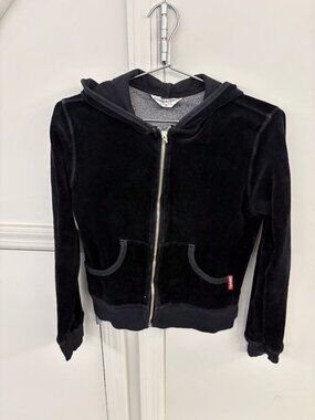 Hard Tail Forever Black Velour Zip Up Hoodie Women's Size S Y2K Pockets
